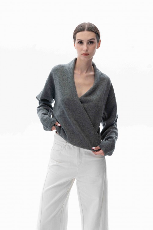 Ash Grey Crossover Pure Wool Sweater 